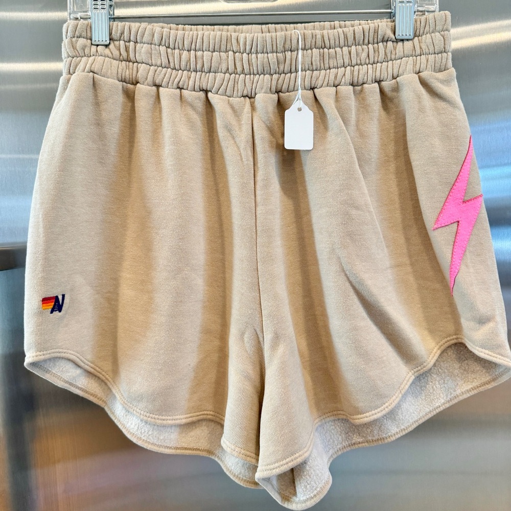 NWT Aviator Nation Bolt Stitch Lounger Short in Beige Tan Sand / Neon Pink - Picture 7 of 10